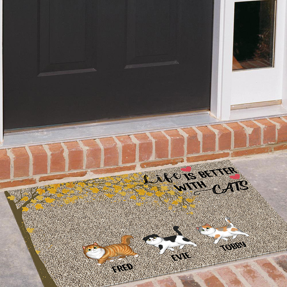 Life Is Better With Cats Falling Leaves - Personalized Cat Doormat AB