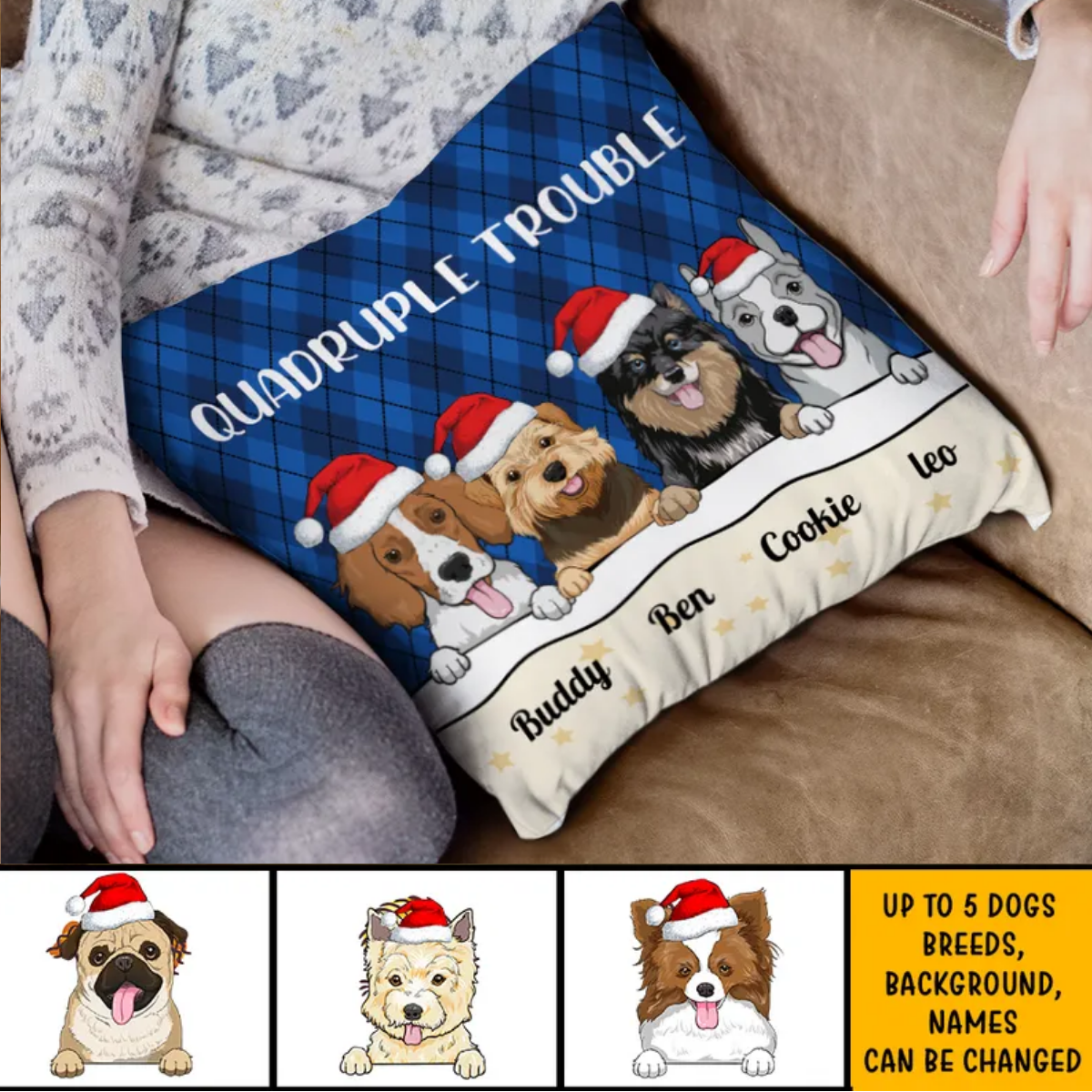 Double Trouble Stay In Bed Personalized Dog Cat Pillow, Gift For Dog Lovers AD