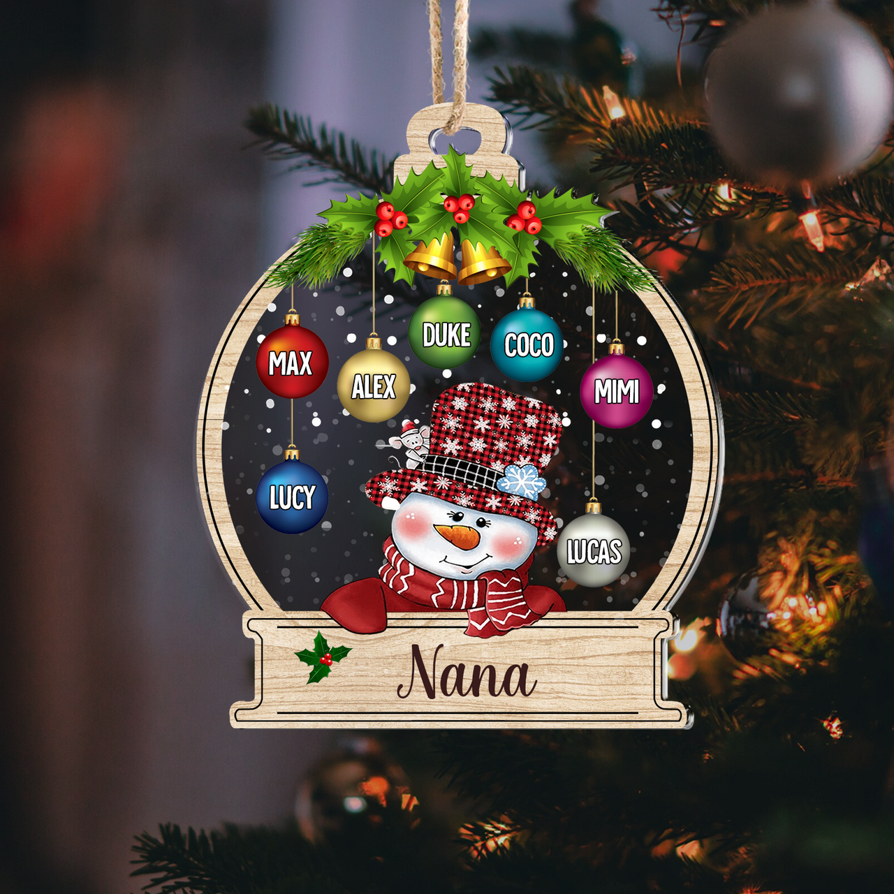 Personalized Snowman Grandma Grandkids Christmas Balls Printed Acrylic Ornament, Customized Holiday Gift For Grandma Nana Mommy Aunt AE