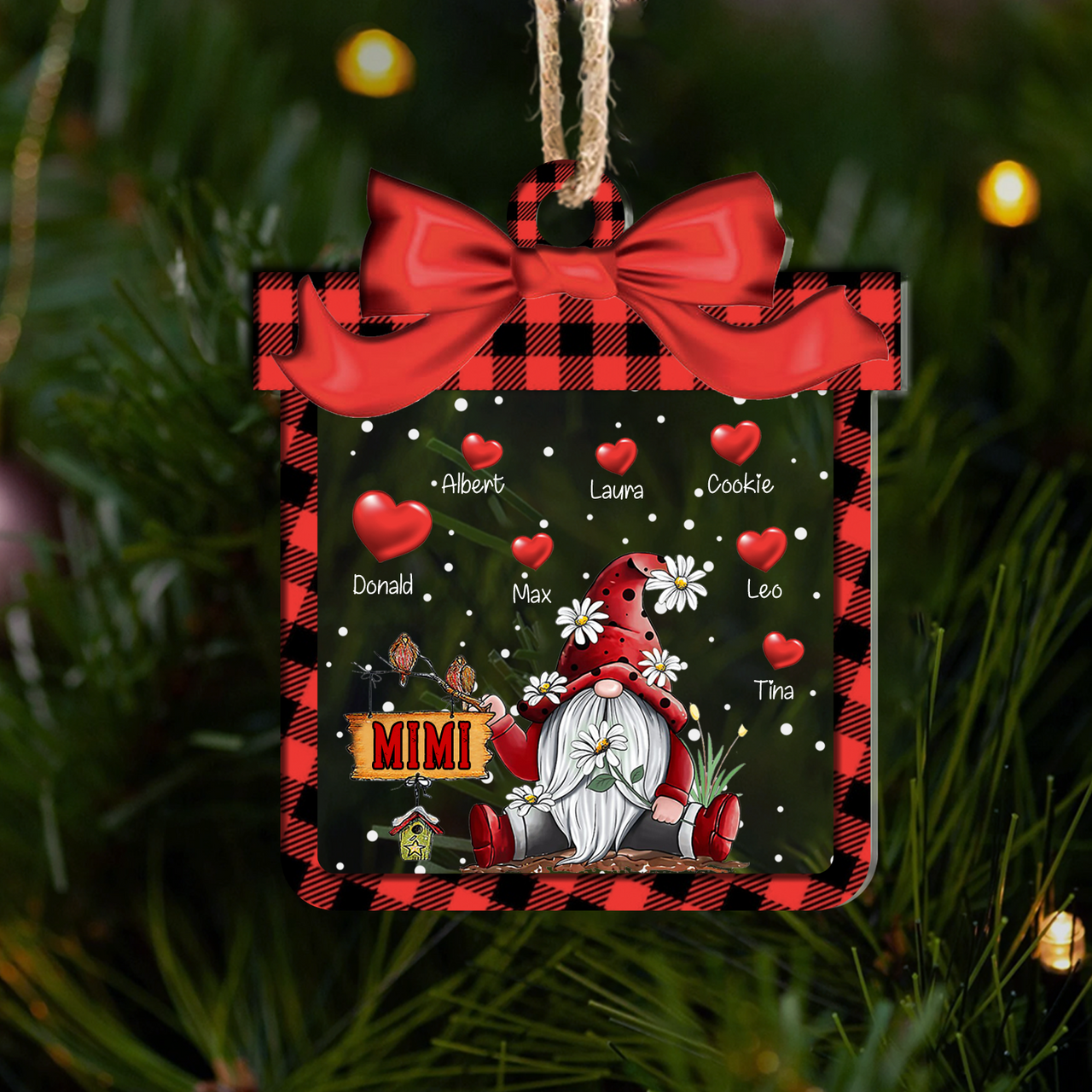 Personalized Grandma Gnome Red Heart Printed Acrylic Ornament, Customized Holiday Gift For Grandma Nana Mommy Aunt AE
