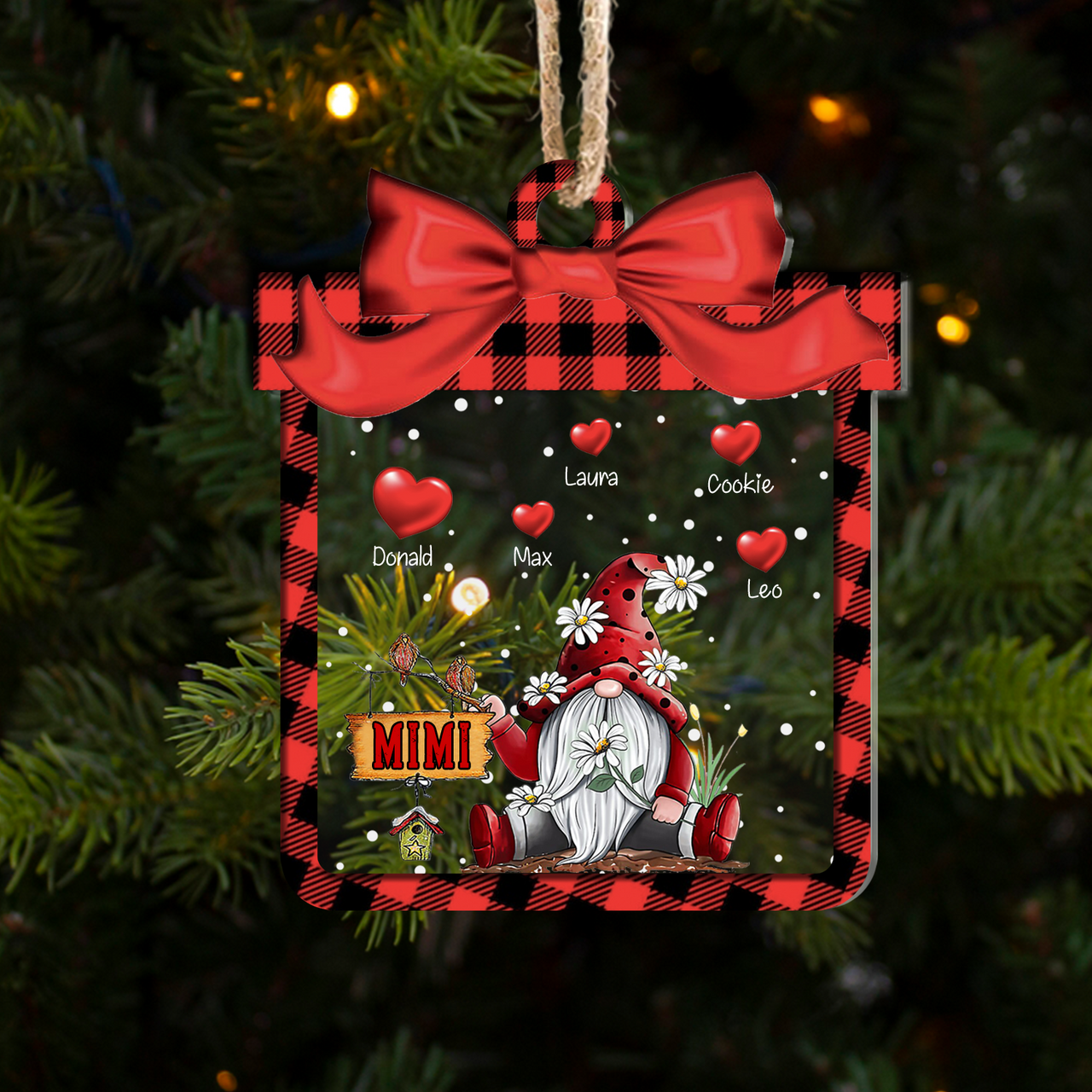 Personalized Grandma Gnome Red Heart Printed Acrylic Ornament, Customized Holiday Gift For Grandma Nana Mommy Aunt AE