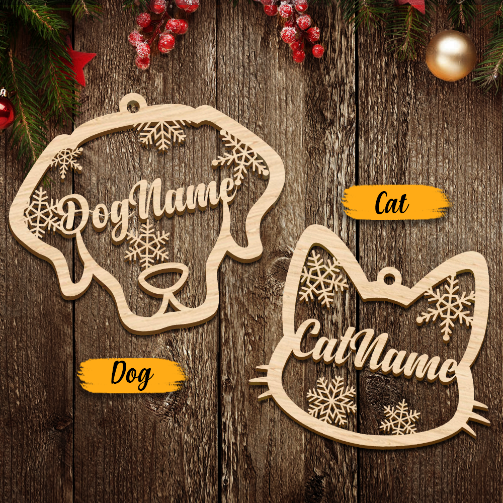 Dog Cat Face With Name Wood Ornament Cutout, Christmas decor AE